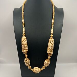Vintage Beautiful Chunky Carved Bone Necklace w/ Elephant Design Tribal Boho